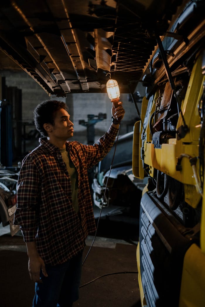 digital Mechanic examines truck engine under work light in a dimly lit garage.